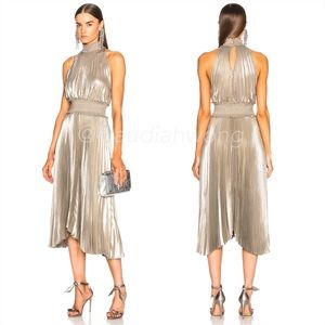 A.L.C. Pleated Metallic Midi Dress in Antique Gold